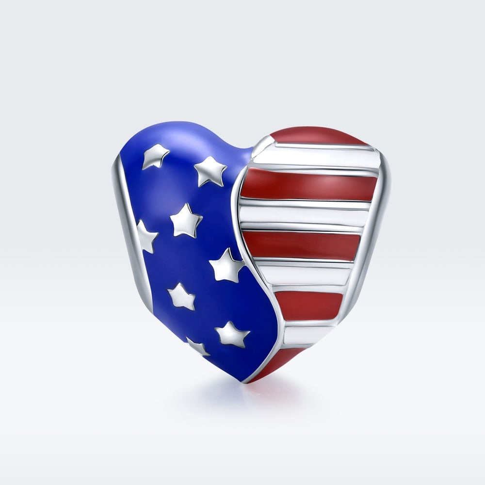 NEW American Flag Heart Charm 925 Sterling Silver Charm and Silver Bracelet